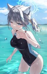 1girl animal_ear_fluff animal_ears ass black_one-piece_swimsuit blue_archive blue_eyes blue_sky blush breasts closed_mouth competition_swimsuit cross_hair_ornament extra_ears grey_hair hair_ornament halo highres huyu low_ponytail medium_breasts medium_hair multicolored_swimsuit ocean official_alternate_costume one-piece_swimsuit outdoors ponytail shiroko_(blue_archive) shiroko_(swimsuit)_(blue_archive) sky solo swimsuit wolf_ears