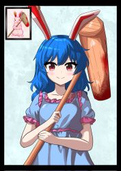 1girl ambiguous_red_liquid animal_ears aqua_background black_border blue_dress blue_hair blush border closed_mouth commentary_request dress highres holding kine looking_at_viewer lunalunachild mallet medium_hair rabbit_ears rabbit_girl red_eyes seiran_(touhou) short_sleeves simple_background smile solo touhou upper_body