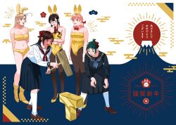 2023 5girls absurdres akashi_(kancolle) alternate_costume bad_id bad_twitter_id bikini black_hair blue_eyes blunt_tresses chinese_zodiac glasses gold_bikini gold_footwear gold_leotard green_eyes highres holding holding_mallet irako_(kancolle) kantai_collection kine kinugasa_(kancolle) kneehighs leotard mallet mamiya_(kancolle) midriff mountain multiple_girls navel neckerchief new_year ojipon ooyodo_(kancolle) pink_hair playboy_bunny red_neckerchief rimless_eyewear school_uniform serafuku socks swimsuit translation_request year_of_the_rabbit