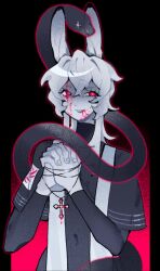 1boy animal_ears black_capelet blood blood_on_face capelet colored_skin highres namw67 original pillarboxed rabbit_boy rabbit_ears red_eyes rei_(crrn) snake solo white_hair white_skin