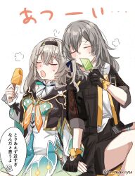 2girls :o aqua_dress black_gloves black_hairband black_jacket black_skirt blue_ribbon closed_eyes collared_dress cropped_jacket dress firefly_(honkai:_star_rail) food food_in_mouth frilled_sleeves frills gloves grey_hair hair_between_eyes hair_intakes hair_ribbon hairband hand_grab highres holding holding_food holding_popsicle honkai:_star_rail honkai_(series) hot jacket long_sleeves miniskirt multiple_girls neckerchief open_clothes open_jacket open_mouth orange_neckerchief popsicle popsicle_in_mouth ribbon shirt simple_background skirt stelle_(honkai:_star_rail) trailblazer_(honkai:_star_rail) tsuyuki_yuki twitter_username white_background white_shirt white_sleeves