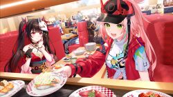 2boys 4girls absurdres aqua_hair baseball_cap bell black_gloves black_jacket blue_hair breasts brother_and_sister brown_hair bshi_edayo caelus_(honkai:_star_rail) chopsticks commentary_request dress flower_tattoo food fox_mask gloves green_eyes grey_hair halo hat head_wings highres holding holding_chopsticks holding_plate holding_with_chopsticks honkai:_star_rail honkai_(series) horned_hat indoors jacket long_hair makizushi march_7th_(honkai:_star_rail) mask mask_on_head medium_breasts menu_board multicolored_hair multiple_boys multiple_girls neck_bell official_art open_mouth pink_hair plate purple_eyes rappa_(honkai:_star_rail) red_dress red_jacket restaurant robin_(honkai:_star_rail) second-party_source shirt siblings sitting smile sparkle_(honkai:_star_rail) streaked_hair sunday_(honkai:_star_rail) sushi tattoo tied_shirt trailblazer_(honkai:_star_rail) twintails two-tone_hair white_shirt wings