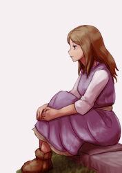 Rule 34 | 1girl, boots, brown eyes, brown hair, closed mouth, dress, final fantasy, final fantasy tactics, full body, grass, hanemikakko, hugging own legs, long hair, long skirt, looking to the side, purple dress, simple background, sitting, skirt, solo, tietra heiral, white background
