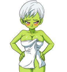 1girl areola_slip blush breasts censored cheelai cleavage colored_skin cowboy_shot dragon_ball dragon_ball_super dragon_ball_super_broly embarrassed female_focus green_skin groin hands_on_own_hips large_breasts legs looking_to_the_side mosaic_censoring naked_towel nude pink_eyes pussy smile solo thigh_gap thighs towel transparent_background yamamoto_doujin