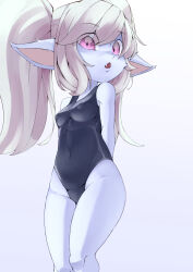 1girl arms_behind_back bare_legs bare_shoulders blue_background blue_one-piece_swimsuit blue_skin breasts colored_skin covered_erect_nipples covered_navel eyebrows_hidden_by_hair fang feet_out_of_frame female_focus from_below gradient_background grey_hair league_of_legends loli long_hair long_pointy_ears looking_at_viewer looking_down moobytes one-piece_swimsuit open_mouth pointy_ears poppy_(league_of_legends) purple_eyes simple_background skin_fang small_breasts solo standing swimsuit two-tone_background white_background yordle
