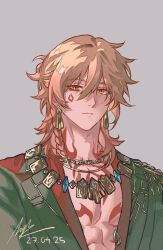 1boy alternate_costume black_jacket blonde_hair braid butyoustayed chest_tattoo dated earrings facial_tattoo gold_earrings gold_necklace gradient_hair grey_background hair_between_eyes highres honkai:_star_rail honkai_(series) jacket jewelry looking_at_viewer male_focus medium_hair multicolored_hair mydei_(honkai:_star_rail) necklace pectoral_cleavage pectorals red_hair red_shirt red_tattoo shirt side_braid signature simple_background solo tattoo toned toned_male yellow_eyes