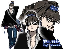 Rule 34 | 1girl, absurdres, black hair, drill hair, earrings, glasses, gyaru, highres, jewelry, kogal, long hair, ma0ma0 0, nail polish, nogi momoka, original, pants, pants under skirt, ponytail, scabbard, scrunchie, sheath, solo, star (symbol), star earrings, track pants, white background