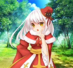 1girl arch_bishop_(ragnarok_online) blue_sky blush breasts capelet cat_hat_ornament chestnut_mouth cloud commentary_request cowboy_shot cross day dress forest frilled_sleeves frills fur-trimmed_capelet fur_trim grass hat highres index_finger_raised long_hair long_sleeves looking_at_viewer medium_breasts mini_hat mini_top_hat nature open_mouth outdoors ragnarok_online red_capelet red_dress red_hat rozelia00 sash sky solo top_hat tree v-shaped_eyebrows white_hair yellow_eyes yellow_sash