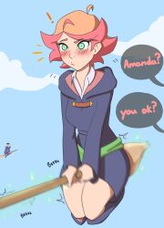 ! 1girl absurdres ahoge amanda_o&#039;neill blonde_hair breasts broom broom_riding english_text green_eyes highres little_witch_academia luna_nova_school_uniform medium_breasts multicolored_hair notice_lines pudgeruffian red_hair school_uniform sex_toy short_hair solo_focus sparkle speech_bubble trembling two-tone_hair vibrator