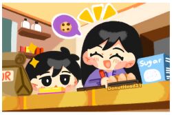 1boy 1girl ayam_bulan bag black_eyes black_hair blush bright_pupils brother_and_sister egg highres indoors long_hair looking_at_another mari_(faraway)_(omori) mari_(omori) omori open_mouth paper_bag short_hair siblings smile speech_bubble sunny_(omori) triangle_mouth white_pupils