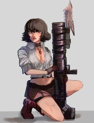 1girl black_hair breasts brown_gloves cleavage devil_may_cry devil_may_cry_(series) devil_may_cry_3 gloves grey_background heterochromia highres holding holding_rocket_launcher holding_weapon jewelry kalina_ann_(weapon) kneeling lady_(devil_may_cry) midriff navel necklace parted_lips red_eyes rocket_launcher scar scar_on_face scar_on_leg scar_on_nose shirt shutcakee simple_background skirt weapon white_shirt