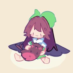1girl :3 barefoot black_cat black_wings bow brown_hair cat chibi chibi_only closed_mouth commentary english_commentary feathered_wings full_body green_bow green_skirt hair_bow highres kaenbyou_rin kaenbyou_rin_(cat) kourihase long_hair reiuji_utsuho shirt simple_background sitting skirt smile solo touhou white_shirt wings