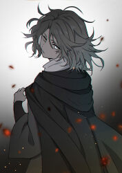 Rule 34 | 1girl, absurdres, cloak, closed mouth, elden ring, embers, hair between eyes, highres, hood, hooded cloak, kushige musume, limited palette, long sleeves, looking at viewer, medium hair, melina (elden ring), partially colored, scar, solo, unusually open eyes