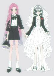 Rule 34 | 2girls, absurdres, alien stage, alternate costume, black bow, black bowtie, black hair, black jacket, black shoes, black shorts, bouquet, boutonniere, bow, bowtie, chinese commentary, commentary request, dress, earrings, flower, green eyes, hairband, high-low dress, highres, holding, holding bouquet, jacket, jewelry, long hair, long sleeves, mary janes, mizi (alien stage), multiple girls, pink hair, purple eyes, purple flower, red flower, sea foam, see-through clothes, see-through veil, shoes, shorts, skirt hold, sneakers, socks, sua (alien stage), veil, very long hair, white bow, white dress, white hairband, white shoes, white socks, white veil