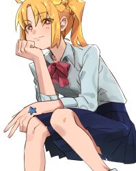 1girl ahoge black_skirt blonde_hair bocchi_the_rock! bow bowtie bright_pupils closed_mouth collared_shirt commentary highres ijichi_nijika long_sleeves pleated_skirt red_bow red_bowtie red_eyes school_uniform shimokitazawa_high_school_uniform shirt side_ponytail simple_background sitting skirt smile solo star_(symbol) takao_(88499191) white_background white_pupils white_shirt