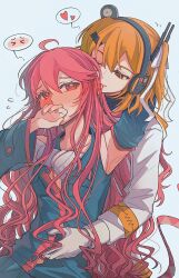 2girls a.i._voice adachi_rei biting biting_ear black_shirt blue_background blush collared_shirt commentary covering_own_mouth detached_sleeves ear_blush gloves grabbing_another&#039;s_breast grabbing_from_behind groping hair_down hair_ribbon hand_on_another&#039;s_waist hand_under_clothes hand_under_shirt hashtag-only_commentary headphones heart highres jacket kasane_teto kimmy6710223 medium_hair multiple_girls one_side_up orange_eyes orange_hair red_eyes red_hair red_nails ribbon shirt simple_background sleeveless sleeveless_shirt spoken_blush spoken_heart utau white_gloves white_jacket white_ribbon yuri