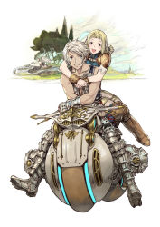 2boys 2girls armor balflear blonde_hair boots final_fantasy final_fantasy_xii fingerless_gloves fran_(ff12) gloves greaves highres hover_bike hug hug_from_behind looking_at_viewer multiple_boys multiple_girls multiple_riders nagimiso penelo riding smile vaan_(ff12) vest
