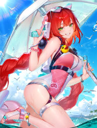 1girl artist_name bird blush braid breasts cloud cloudy_sky eyewear_on_head feet green_eyes heart heart-shaped_eyewear high_heel_sandals highres holding holding_umbrella holding_water_gun legs lightria long_hair looking_at_viewer ocean official_alternate_costume one-piece_swimsuit platform_sandals red_hair sandals seagull sky smile solo sphere_hair_ornament strappy_heels swimsuit thigh_strap thighs toenails toes tree twintails two-tone_one-piece_swimsuit ukinami_yuzuha ukinami_yuzuha_(tanuki_in_broad_daylight) umbrella water_gun zenless_zone_zero
