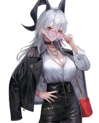 1girl adjusting_eyewear alternate_costume black_choker black_eyes black_horns black_jacket black_pants breasts choker cleavage closed_mouth collarbone collared_shirt commentary cowboy_shot curled_horns earrings grey_hair hair_between_eyes hanato_(seonoaiko) hand_on_own_hip heart heart-shaped_eyewear high-waist_pants highres horns jacket jacket_on_shoulders jewelry large_breasts long_hair looking_over_eyewear mole mole_on_breast multicolored_eyes multicolored_hair necklace o-ring o-ring_choker pants red_bag red_eyes shirt shirt_tucked_in simple_background solo streaked_hair sunglasses two-tone_eyes white_background white_shirt wuthering_waves zani_(wuthering_waves)