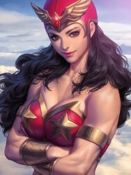 Rule 34 | 1girl, armlet, black hair, bra, bracer, breasts, brown eyes, cloud, crossed arms, darna, darna (character), day, gold, gold armlet, helmet, jewelry, large breasts, long hair, looking at viewer, outdoors, red bra, red helmet, sky, solo, stanley lau, superhero costume, underwear, upper body, winged helmet