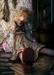 1girl absurdres against_wall apron black_vest blonde_hair book book_stack choker clock colored_shoe_soles crystal_wings dried_flower expressionless flandre_scarlet fleuriste floral_print_apron floral_print_headwear floral_print_shirt floral_print_vest grandfather_clock hat highres juliet_sleeves lace_trim long_sleeves medium_hair mob_cap multicolored_wings puffy_sleeves red_choker red_eyes red_ribbon red_shoes red_skirt ribbon shirt shoes side_ponytail sitting skirt socks solo touhou vest wallpaper_(object) white_apron white_hair white_shirt white_socks wings wooden_floor
