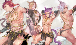 4boys abs arms_up artist_name ass bishounen blonde_hair body_chain cat_boy commentary_request dancer dancer_(final_fantasy) elbow_gloves final_fantasy final_fantasy_xiv gloves green_eyes harem_outfit jewelry large_pectorals male_focus miqo&#039;te multiple_boys pectorals purple_hair red_hair sio_1234 stool tail topless_male warrior_of_light_(ff14) white_background white_hair yellow_eyes