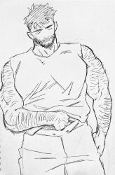 Rule 34 | 1boy, bara, beard stubble, closed eyes, cowboy shot, dickfish (fishismdick), facial hair, hairy, hand under clothes, highres, john rottweil (dickfish), large pectorals, male focus, mature male, muscular, muscular male, navel hair peek, original, pectorals, sketch, sleeveless, solo, standing, stubble, thick arm hair, thick eyebrows, thick navel hair, unkempt, very hairy