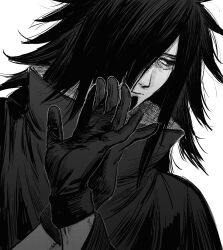 1boy black_eyes black_gloves black_hair gloves gurekoguriko highres kuji-in male_focus naruto_(series) naruto_shippuuden solo spiked_hair uchiha_madara upper_body