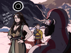 1girl 2boys anya&#039;s_heh_face_(meme) atreus bald black_hair bodypaint bow_(weapon) breasts cleavage english_text father_and_son freya_(god_of_war) gameplay_mechanics god_of_war hands_on_own_hips highres kratos_(god_of_war) large_breasts mature_female meme multiple_boys nervous sexually_suggestive standing sweat sweatdrop tina_fate weapon