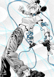 1girl arm_tattoo ass braid braided_ponytail breasts crop_top cropped_shirt denim double_bun fingerless_gloves flat_ass from_side gloves greyscale hair_bun highres jeans jeonjin_(mynamebazin) jojo_no_kimyou_na_bouken kuujou_jolyne medium_breasts monochrome multicolored_hair pants pants_rolled_up shirt solo spot_color stone_ocean string t-shirt tattoo two-tone_hair