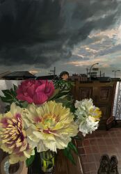 1girl absurdres black_eyes black_hair broom cloud cloudy_sky cup flower highres minahamu original red_flower shoes sky tape white_flower yellow_flower