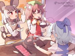 3girls animal_ear_fluff animal_ears blue_eyes blue_hair blush booth_seating bowl brick_wall brown_hair cat_ears cat_girl cat_tail chen cirno closed_eyes cooking eating fang food green_hat grey_hair grilling grin hair_ribbon hand_up hat highres holding holding_bowl holding_plate holding_with_tail ice ice_wings indoors jewelry looking_at_food melting melting_wings mouse_ears mouse_girl mouse_tail multiple_girls nazrin pendant plate prehensile_tail raw_meat red_eyes restaurant ribbon sauce saucer short_hair sitting skin_fang smile sweat table tail touhou tungsten_mochoo twitter_username window wings wooden_table yakiniku