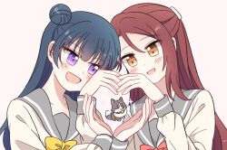 2girls :3 :d anko_(love_live!) blue_hair blunt_bangs bow bowtie collarbone commentary_request dog grey_sailor_collar hair_bun half_updo heart heart_hands heart_hands_duo long_hair long_sleeves love_live! love_live!_sunshine!! multiple_girls open_mouth orange_eyes purple_eyes red_bow red_bowtie red_hair sailor_collar sakurauchi_riko school_uniform serafuku shirt simple_background single_side_bun smile sparkle tsushima_yoshiko upper_body uranohoshi_school_uniform watage_modoki white_background white_shirt winter_uniform yellow_bow yellow_bowtie