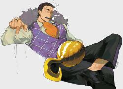 1boy absurdres ascot black_footwear black_hair black_pants collared_shirt commentary crocodile_(one_piece) english_commentary fur_trim grey_fur hair_slicked_back highres hook hook_hand jewelry long_sleeves male_focus multiple_rings one_piece orange_ascot pants patterned_clothing pointing pointing_down purple_vest ring scar scar_on_face shihoritsu shirt signature smoke smoke_trail smoking solo vest white_shirt wing_collar