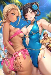 Rule 34 | 1boy, 2girls, ;d, adjusting clothes, adjusting swimsuit, alternate costume, ass, beach, bikini, bikini tan, blonde hair, blue eyes, blue one-piece swimsuit, blue sky, braid, braided hair rings, breasts, brown eyes, cammy white, capcom, chun-li, commentary request, covered navel, cowboy shot, crossed arms, curvy, day, double bun, earrings, eyepatch, hair bun, hair rings, hetero, highleg, highleg one-piece swimsuit, highres, hug, jewelry, lens flare, long hair, looking at viewer, medium breasts, multiple girls, official alternate costume, one-piece swimsuit, one eye closed, open mouth, outdoors, parted lips, pink bikini, sagat, shashaki, shiny skin, sky, smile, strapless, strapless bikini, street fighter, street fighter 6, swimsuit, tan, tanline, teeth, thong, thong bikini, thong one-piece swimsuit, topless male, twin braids, twintails, wide hips