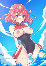 1girl arm_behind_back artist_name black_one-piece_swimsuit blue_sky bob_cut breasts breasts_out chest_jewel closed_mouth commentary_request core_crystal_(xenoblade) covered_navel cowboy_shot day gem green_gemstone large_breasts looking_at_viewer nipples one-piece_swimsuit outdoors patreon_username pussy pussy_cutout pyra_(pro_swimmer)_(xenoblade) pyra_(xenoblade) red_eyes red_hair short_hair sky smile solo swimsuit tiara uncensored vekneim wading water xenoblade_chronicles_(series) xenoblade_chronicles_2