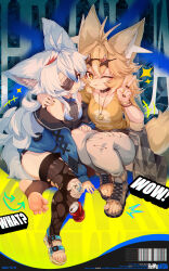 2girls ;p absurdres ahoge animal_ear_fluff animal_ears arm_around_shoulder bangle bare_shoulders black_nails black_thighhighs blonde_hair blue_eyes blue_hair blue_jacket bracelet breasts can clothes_around_waist collar drink_can eyepatch eyewear_on_head feet gauze_on_knee hand_on_another&#039;s_shoulder hand_on_another&#039;s_thigh highres jacket jewelry large_breasts long_hair long_sleeves looking_at_viewer medallion multicolored_hair multiple_girls off_shoulder one_eye_closed open-toe_shoes original pants parted_lips peanut_huasheng red_hair ring sandals scar scar_across_eye scar_on_face shirt single_sandal sitting soda_can sparkle squatting star-shaped_eyewear star_(symbol) stirrup_legwear streaked_hair sunglasses tail thighhighs toeless_legwear tongue tongue_out torn_clothes torn_pants torn_shirt torn_shoes torn_sleeves torn_thighhighs v white_hair wolf_ears wolf_girl wolf_tail yellow_eyes yellow_nails yellow_shirt