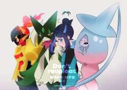 Rule 34 | 1girl, armarouge, black hair, black shirt, blue eyes, closed mouth, commentary request, eyelashes, gen 8 pokemon, hair bun, hatterene, hood, hood down, hooded vest, hoodie, liko (pokemon), meowscarada, nintendo, pokemon, pokemon (anime), pokemon (creature), pokemon horizons, rei hinketsu, shirt, sidelocks, sideways glance, twitter username, vest, watermark