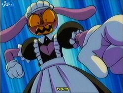 1boy angry animal_ears apron colored_sclera colored_skin colored_teeth crossdressing english_text gloves highres jax_(the_amazing_digital_circus) lueduar maid maid_apron overalls rabbit_boy rabbit_ears scene_reference solo teeth the_amazing_digital_circus yellow_sclera yellow_teeth