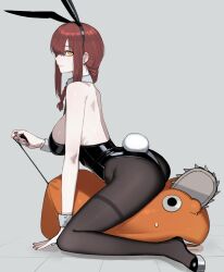 1girl absurdres animal_ear_hairband animal_ears ass bare_shoulders black_leotard braid braided_ponytail breasts chainsaw_man earrings fake_animal_ears fake_tail from_side full_body grey_background hairband high_heels highres jewelry large_breasts leotard makima_(chainsaw_man) pantyhose pillow playboy_bunny pochita_(chainsaw_man) rabbit_ear_hairband rabbit_ears rabbit_tail ratatatat74 red_hair red_nails ringed_eyes simple_background solo straddling tail wrist_cuffs yellow_eyes