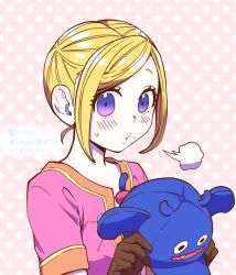 1girl asuka_(pixiv3381855) blonde_hair blue_eyes brown_gloves commentary_request dracky dragon_quest dragon_quest_builders_2 fake_wings female_builder_(dqb2) gloves gradient_eyes hat holding holding_unworn_clothes holding_unworn_hat looking_at_viewer looking_to_the_side multicolored_eyes official_alternate_hairstyle orange_trim pink_eyes pink_tunic polka_dot polka_dot_background puff_of_air short_hair solo sweatdrop translation_request tunic unworn_hat unworn_headwear upper_body wings yellow_trim