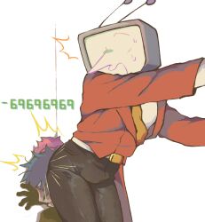 1boy 1other ant_tenna ass_press belt black_pants crt deltarune hand_on_wall height_difference kris_(deltarune) mamaito necktie object_head pants pointy_nose surprised sweat tailcoat white_background white_belt yellow_necktie