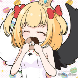 1girl ^_^ asymmetrical_wings bare_arms bare_shoulders black_wings blonde_hair bow breasts closed_eyes closed_mouth commentary_request crown donut dress english_text feathered_wings food hair_bow hands_up holding holding_food marl_(shironeko_project) mini_crown mismatched_wings mitya polka_dot polka_dot_background red_bow shironeko_project sleeveless sleeveless_dress small_breasts solo tilted_headwear twitter_username two_side_up upper_body watermark white_dress white_wings wings