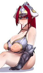 1girl armor bikini_armor blue_eyes breasts bright_pupils gauntlets gen&#039;en_(sioherashi) hair_intakes horns huge_breasts inverted_nipples kuu_fearse looking_at_viewer nipple_cutout original partially_shaded_face pointy_ears shortstack sitting solo sweat white_pupils