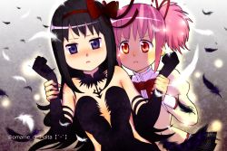 Rule 34 | 10s, 2girls, akemi homura, akuma homura, alternate eye color, arm grab, bare shoulders, black gloves, black hair, bow, choker, dress, elbow gloves, feathers, gloves, hair bow, hair ribbon, kaname madoka, long hair, looking at another, looking at viewer, mahou shoujo madoka magica, mahou shoujo madoka magica: hangyaku no monogatari, multiple girls, omame (syuphong), pink eyes, pink hair, purple eyes, ribbon, school uniform, short hair, short twintails, signature, simple background, spoilers, twintails, yuri