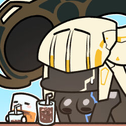 1girl aeda_type-g ags_(last_origin) blush_stickers breasts chibi cola dark-skinned_female dark_skin drinking faceless glass gm_orangeade humanoid_robot ice ice_cube jazz_jack last_origin long_hair lowres medium_breasts robot simple_background sweatdrop table very_long_hair