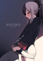 Rule 34 | 1boy, 1girl, absurdres, black choker, black hair, black horns, blue archive, blush, character name, choker, clothes lift, demon horns, ear piercing, grey background, grey hair, grey halo, halo, head under another&#039;s clothes, highres, horns, kayoko (blue archive), long hair, long sleeves, multicolored hair, parted lips, piercing, ponytail, red eyes, simple background, steam, tsuki tokage, two-tone hair, under another&#039;s clothes