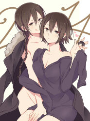 1boy 2014 2girls black_hair blush braid breasts brown_eyes brown_hair chibi clairon cleavage coat collarbone commentary_request cosplay durarara!! fur-trimmed_hood fur_trim glasses hair_between_eyes heart holding_another&#039;s_arm hood jacket large_breasts licking_lips long_hair looking_at_viewer mini_person multiple_girls nude off_shoulder orihara_izaya orihara_izaya_(cosplay) orihara_kururi orihara_mairu partial_commentary shirt short_hair siblings sisters sleeves_past_fingers sleeves_past_wrists smile tongue tongue_out twin_braids twins v-neck