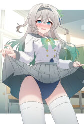 Rule 34 | 1girl, absurdres, black hairband, blue one-piece swimsuit, blue ribbon, blush, bow, bowtie, buttons, chair, clothes lift, collared shirt, double-breasted, firefly (honkai: star rail), firefly (spring missive) (honkai: star rail), gradient eyes, gradient hair, green bow, green bowtie, green pupils, grey hair, grey sailor collar, grey skirt, hair between eyes, hair intakes, hair ornament, hair ribbon, hair tubes, hairband, highres, honkai: star rail, honkai (series), long hair, multicolored eyes, multicolored hair, one-piece swimsuit, open mouth, pleated skirt, ribbon, sailor collar, school chair, shirt, skirt, skirt lift, solo, swimsuit, swimsuit under clothes, thighhighs, white shirt, white thighhighs, yukiunag1