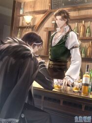 Rule 34 | 2boys, alcohol, arm belt, artist request, bar (place), beer, belt, belt buckle, black belt, black coat, black eyes, black hair, black jacket, black pants, black suit, bottle, braid, brown belt, brown hair, buckle, buttons, closed mouth, coat, coat on shoulders, collared shirt, collared vest, copyright name, cowboy shot, cross-laced clothes, cross-laced top, cup, dark-skinned male, dark skin, dress pants, drinking glass, elbow on table, expressionless, fafnir (miracle nikki), formal clothes, frilled sleeves, frills, from behind, fur-trimmed coat, fur trim, game cg, gold buckle, green vest, hair ears, high-waist pants, high collar, highres, horizontal-striped sleeve cuffs, indoors, jacket, juliet sleeves, lamp, lapels, light frown, light particles, logo, long hair, long sleeves, looking at another, male focus, military uniform, miracle nikki, multicolored hair, multiple boys, nidhogg (miracle nikki), nikki (series), notched lapels, official art, on stool, pants, parted lips, pectoral cleavage, pectorals, puffy sleeves, ribbon-trimmed vest, shirt, short hair, single braid, single stripe, sitting, sleeve cuffs, sleeves past wrists, streaked hair, suit, third-party source, vertical-striped sleeves, vest, white hair, white shirt, wine bottle